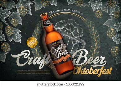 Craft Beer Ads, Realistic 3d Beer Bottle With Label On Engraving Style Blackboard Background, Hops And Wheat Elements