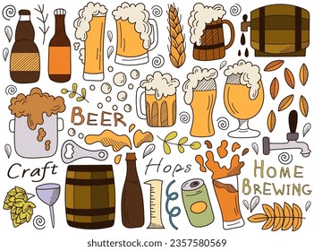 Craft beer alcohol drink in bottle, wooden barrel tank, mug and glass cup, malt ingredients vintage design set. Draft light and brown lager ale foamy beverage vector illustration for bar pub menu