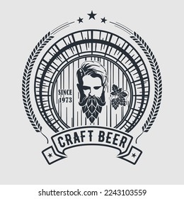 Cerveza Craft, plantilla de diseño del logo de la fábrica de cerveza auténtica con Hombre con barba hecha de cono de lúpulo
