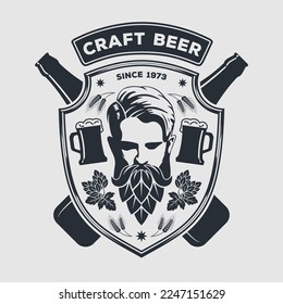 Cerveza Craft, plantilla de diseño del logo de la auténtica cervecería con Hombre con barba hecha de cono de lúpulo. 