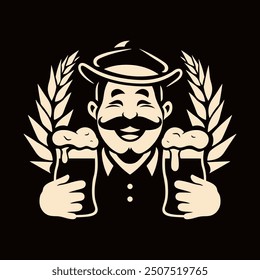 Craft Beer, Authentic Brewery logo design template with Man holding beer glasses. Vector illustration isolated on black background.