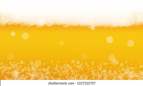 Craft beer background. Lager splash. Oktoberfest foam. pub banner concept. Czech pint of ale with realistic white bubbles. Cool liquid drink for Yellow mug with craft beer background.