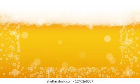 Craft beer background. Lager splash. Oktoberfest foam. Bavarian pint of ale with realistic white bubbles. Cool liquid drink for pub flyer layout. Orange mug with craft beer background.
