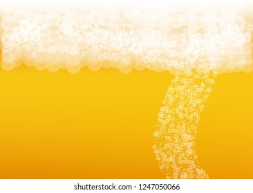 Craft beer background. Lager splash. Oktoberfest foam. pub banner design. Bubbly pint of ale with realistic white bubbles. Cool liquid drink for Gold mug with craft beer background.