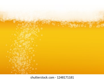 Craft beer background. Lager splash. Oktoberfest foam. pub menu concept. Bubbly pint of ale with realistic white bubbles. Cool liquid drink for Golden glass with craft beer background.
