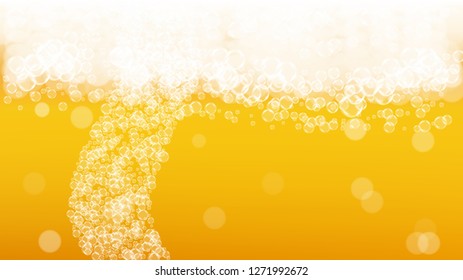 Craft beer background. Lager splash. Oktoberfest foam. bar flyer design. Hipster pint of ale with realistic white bubbles. Cool liquid drink for Yellow glass with craft beer background.