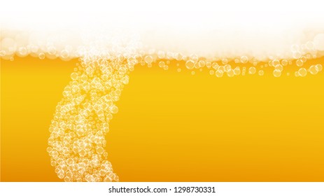 Craft beer background. Lager splash. Oktoberfest foam. Festive pint of ale with realistic white bubbles. Cool liquid drink for pub banner design. Gold mug with craft beer background.