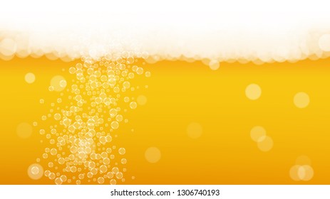 Craft beer background. Lager splash. Oktoberfest foam. Festive pint of ale with realistic white bubbles. Cool liquid drink for pab menu concept. Orange bottle with craft beer background.