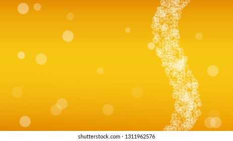 Craft beer background. Lager splash. Oktoberfest foam. restaurant banner concept. Pour pint of ale with realistic white bubbles. Cool liquid drink for Gold bottle with craft beer background.
