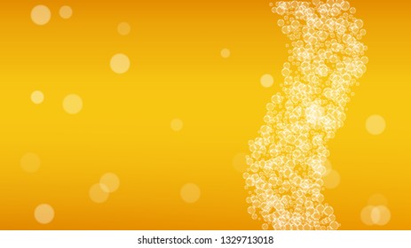 Craft beer background. Lager splash. Oktoberfest foam. Bavarian pint of ale with realistic white bubbles. Cool liquid drink for pub banner template. Gold cup with craft beer background.
