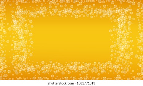 Craft beer background. Lager splash. Oktoberfest foam. Czech pint of ale with realistic white bubbles. Cool liquid drink for pab flyer design. Golden glass with craft beer background.