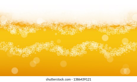 Craft beer background. Lager splash. Oktoberfest foam. Pale pint of ale with realistic white bubbles. Cool liquid drink for pub banner layout. Gold mug with craft beer background.