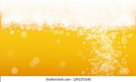 Craft beer background. Lager splash. Oktoberfest foam. Froth pint of ale with realistic white bubbles. Cool liquid drink for restaurant flyer design. Orange glass with craft beer background.