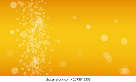 Craft beer background. Lager splash. Oktoberfest foam. Pour pint of ale with realistic white bubbles. Cool liquid drink for pub banner concept. Yellow glass with craft beer background.