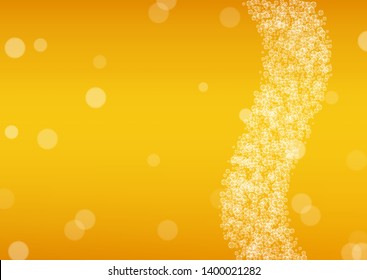 Craft beer background. Lager splash. Oktoberfest foam. Shiny pint of ale with realistic white bubbles. Cool liquid drink for pab flyer template. Golden cup with craft beer background.