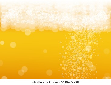 Craft beer background. Lager splash. Oktoberfest foam. Fresh pint of ale with realistic white bubbles. Cool liquid drink for pab menu template. Orange glass with craft beer background.