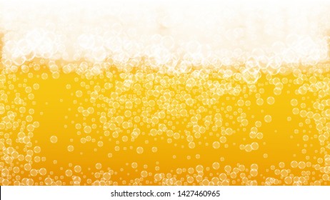 Craft beer background. Lager splash. Oktoberfest foam. Pour pint of ale with realistic white bubbles. Cool liquid drink for pab flyer concept. Golden cup with craft beer background.