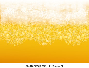 Craft beer background. Lager splash. Oktoberfest foam. bar banner design. Bubbly pint of ale with realistic white bubbles. Cool liquid drink for Golden glass with craft beer background.