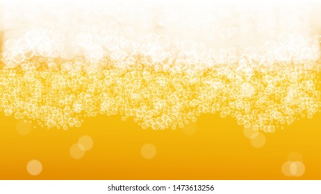 Craft beer background. Lager splash. Oktoberfest foam. pub banner template. Bubbly pint of ale with realistic white bubbles. Cool liquid drink for Gold mug with craft beer background.
