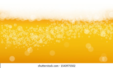 Craft beer background. Lager splash. Oktoberfest foam. Shiny pint of ale with realistic white bubbles. Cool liquid drink for bar banner design. Gold mug with craft beer background.