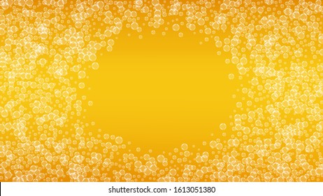 Craft beer background. Lager splash. Oktoberfest foam. Hipster pint of ale with realistic white bubbles. Cool liquid drink for restaurant banner template. Orange glass with craft beer background.
