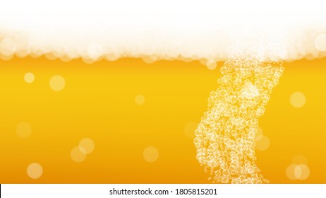 Craft beer background. Lager splash. Oktoberfest foam. Cold pint of ale with realistic white bubbles. Cool liquid drink for bar flyer layout. Golden mug with craft beer background.