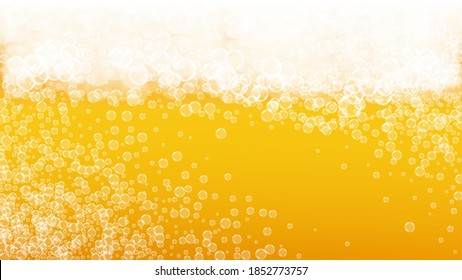 Craft beer background. Lager splash. Oktoberfest foam. Bavarian pint of ale with realistic white bubbles. Cool liquid drink for pub banner design. Golden glass with craft beer background.