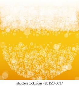 Craft beer background. Lager splash. Oktoberfest foam. Shiny pint of ale with realistic bubbles. Cool liquid drink for pab. Yellow flyer concept. Golden jug for oktoberfest foam.