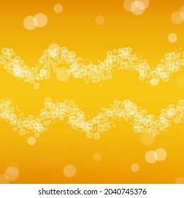 Craft beer background. Lager splash. Oktoberfest foam. Festive pint of ale with realistic bubbles. Cool liquid drink for pub. Gold menu design. Golden glass for beer background.