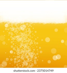 Craft beer background. Lager splash. Oktoberfest foam. Golden flyer concept. Bavarian pint of ale with realistic bubbles. Cool liquid drink for bar. Yellow cup for oktoberfest foam.