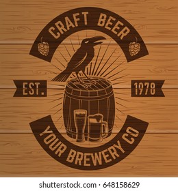 Craft Beer badge. Vector illustration. Vintage design for bar, pub and restaurant business. Coaster for beer. Photorealistic wood engraved craft beer design.