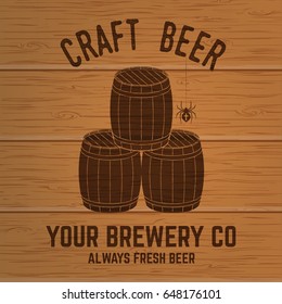 Craft Beer badge. Vector illustration. Vintage design for bar, pub and restaurant business. Photorealistic wood engraved craft beer design.