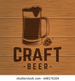 Craft Beer badge. Vector illustration. Vintage design for bar, pub and restaurant business. Photorealistic wood engraved craft beer design.