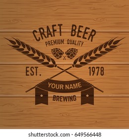 Craft Beer badge. Vector illustration. Vintage design for bar, pub and restaurant business. Photorealistic wood engraved craft beer design.