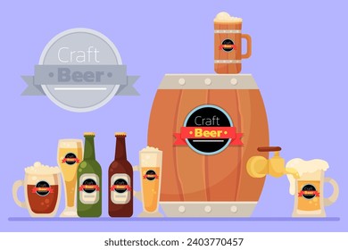 Craft beer banner design. Wooden barrel and mug with beer, different bottles and mugs with foamy beer vector illustration. Beverages, holiday concept