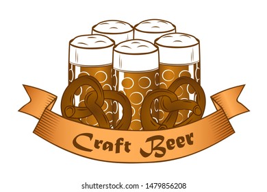 Craft beer banner with five beer glasses and pretzels. Beer party design concept in vintage style with gothic text. Vector illustration