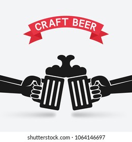 craft beer banner. hands with beer mugs