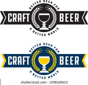 Craft Beer Banner Style Badge or Label with traditional Belgian goblet, barley wreath and gothic lettering.
Includes black and white and color versions.