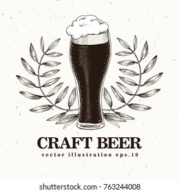 Craft beer bannner or logo template. Vector illustration in vintage style. Hand drawn beer logo template. Retro. Can be use for restaurants, bars, pubs, brewery companies.