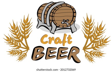 Craft beer. Barrel of beer and spikelets hand drawn vector illustration in doodle 