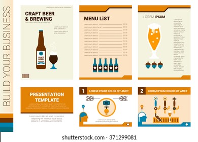 Craft beer book cover and presentation template with flat design elements, ideal for company information or infographic annual report