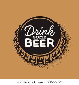 Craft beer bottle cap with brewing inscription in vintage style. Engraving illustration with lettering in hipster style isolated on grunge background. Element for poster in pubs and bars.