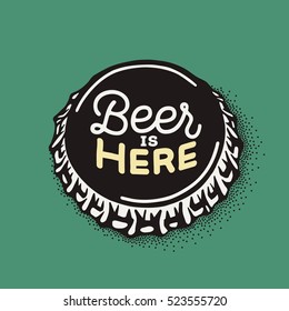 Craft beer bottle cap with brewing inscription in vintage style. Engraving illustration with lettering in hipster style isolated on grunge background. Element for poster in pubs and bars.