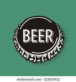 Craft beer bottle cap with brewing inscription in vintage style. Engraving illustration with lettering in hipster style isolated on grunge background. Element for poster in pubs and bars.