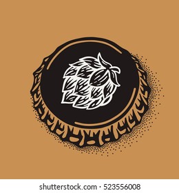 Craft beer bottle cap with brewing inscription in vintage style. Engraving illustration with lettering in hipster style isolated on grunge background. Element for poster in pubs and bars.