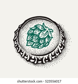 Craft beer bottle cap with brewing inscription in vintage style. Engraving illustration with lettering in hipster style isolated on grunge background. Element for poster in pubs and bars.