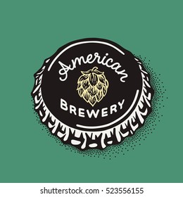 Craft beer bottle cap with brewing inscription in vintage style. Engraving illustration with lettering in hipster style isolated on grunge background. Element for poster in pubs and bars.