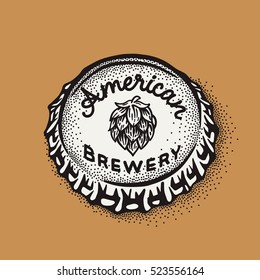 Craft beer bottle cap with brewing inscription in vintage style. Engraving illustration with lettering in hipster style isolated on grunge background. Element for poster in pubs and bars.