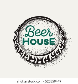 Craft beer bottle cap with brewing inscription in vintage style. Engraving illustration with lettering in hipster style isolated on grunge background. Element for poster in pubs and bars.