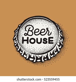 Craft beer bottle cap with brewing inscription in vintage style. Engraving illustration with lettering in hipster style isolated on grunge background. Element for poster in pubs and bars.